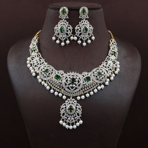 Bridal Jewelry Set, CZ Wedding Necklace Set, bridal jewelry, zircon jewelry, Ruby Studded American Diamond Necklace, Indian emerald Necklace