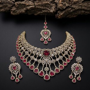 Ruby Red CZ Bridal Jewellery Set with Maang Tikka