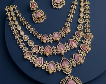 Victorian Three-Layer Bridal Necklace Set with CZ Stones