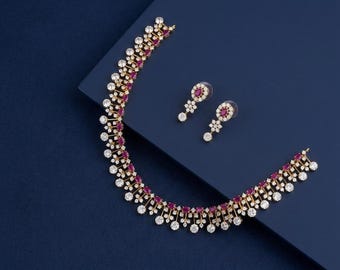 American Diamond Ruby Choker Set with Earrings, Gold Fini...