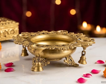 Brass Peacock Urli Bowl with Diya Holders – Pooja Decor