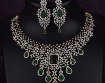 Emerald & Diamond Bridal Necklace Set, Gold Plated Indian Jewelry