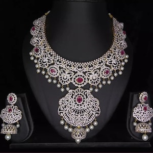 Premium Quality American diamond necklace set with earrings/Cz necklace/Indian jewelry/Emrald Necklace/Ruby Necklace/Ad Necklace/necklace.
