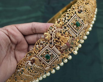 Gold nagasi nakshi Laxmi hip belt/belly hip saree belt/India Lakshmi vaddanam/Kamarpatta/Saree Challa Kamarbandh/kempu waist saree goldbelt