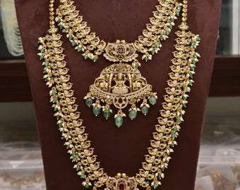 Antique Gold Plated Temple Jewelry Set, Green Bead & Ruby, Indian Bridal Necklace