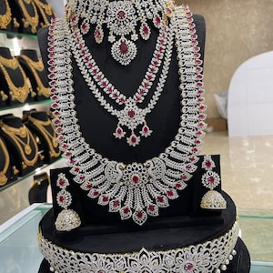 Grand Bridal Jewelry Set, Heavy CZ Necklace Set with Ruby Stones, Indian Wedding Choker and Long Haram, Luxury Bridal Vaddanam Set.