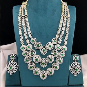 AD Diamond Necklace | Emerald 3 layer CZ Long Necklace | Indian bridal Jewelry | Pakistani Jewelry |Statement Jewelry |5 layer Long Necklace