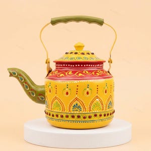 Juego de tetera pintada a mano / Teteras decorativas artesanales de Jaipur / Regalo festivo para ella / Teteras de cerámica amarillas y rojas