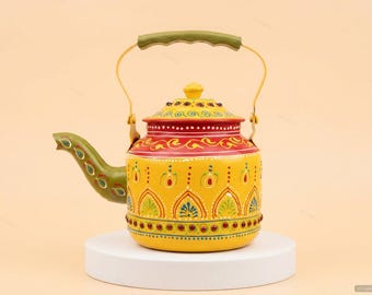 Hand Painted Tea Kettle Set | Jaipur Artisan Decorative Kettles | Festive Gift for Her | Yellow & Red Ceramic Teapots