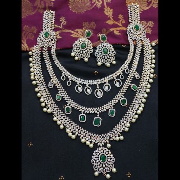 Emerald CZ 3 tier necklace|Mini haar necklace|three layers AD necklace|Diamond 3 step necklace|Imitation necklace| Americian dimond jeweler