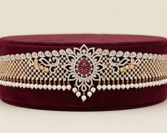 Victoriaanse robijnparel choker ketting | Goudkleurige Indiase bruidsstatementsieraden