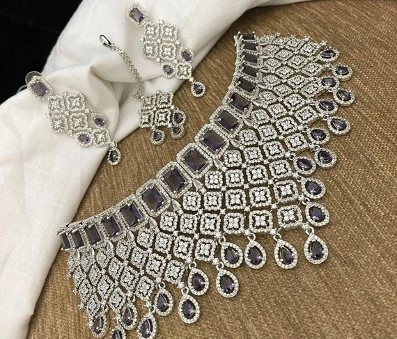 American Diamond Bridal Choker Set With Earrings and Tikka, Heavy