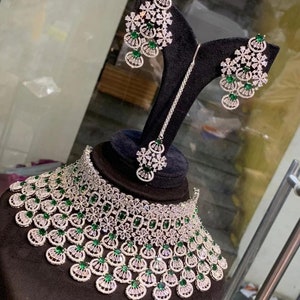 American DIAMOND Choker NECKLACE Set With Earring Combo, Cz Stone Made Designer, Indian Bridal Necklace, Dangle Earring Fashion Jewellery.