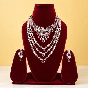 Grand Bridal Ruby CZ Jewelry Set, Indian Wedding Layered Necklace Set, Choker & Long Haar Combo, Jhumka Earrings, Waist Belt Set