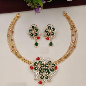 Green Emerald & Ruby Stone Choker Set – Premium Party Wear | Beautiful Floral Design Necklace Set | Festive Collection | Elegant Green