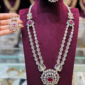 Elegant Ruby  CZ Bridal Necklace Set Wedding Jewelry with Earrings Luxury Double Layered Necklace Traditional Indian Jewelry Statement Piece