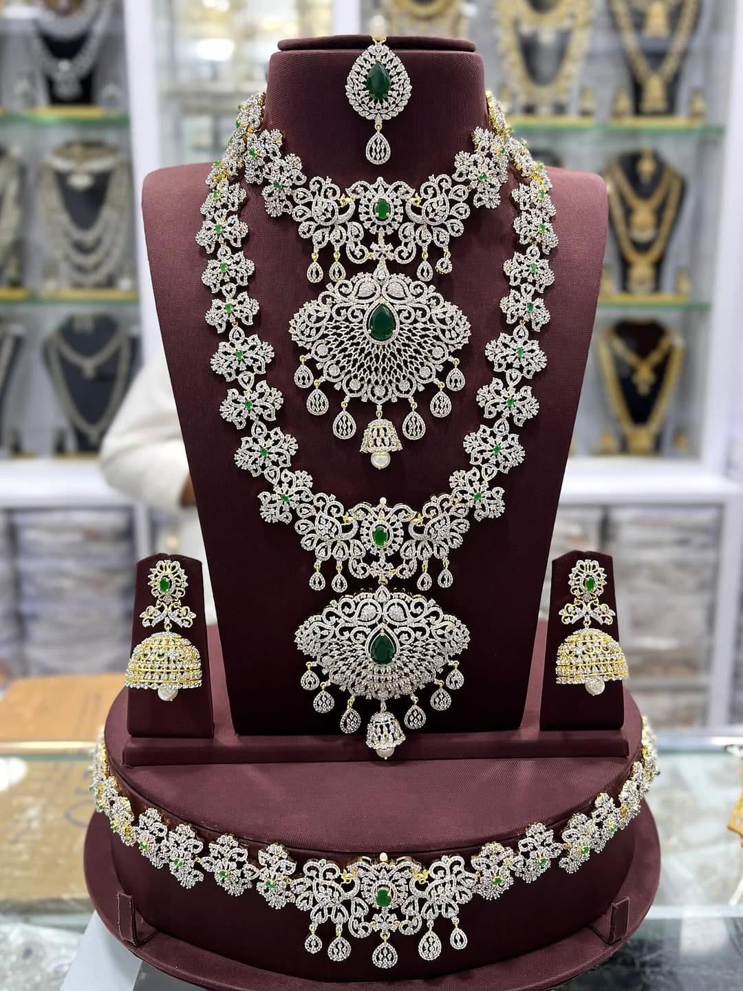 Emerald Green Indian Bridal Jewelry Set | American Diamond