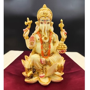 Lord Ganesha Idol on Lotus | Marble Finish Ganpati Statue for Home Temple | Hindu Elephant God Figurine | Ganesh Ji Murti for Gift & Decor.