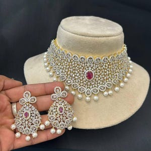Bridal Ruby CZ Choker Necklace Set with Pearls & Earrings | Diamond Look Indian Jewelry | Wedding Kundan Style Necklace Set