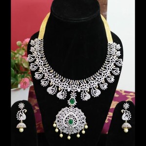 Bridal Necklace Set/India jewelry/Bridal jewelry/Ruby Studded American Diamond Necklace/Pakistan Jewelry/Statement Necklace/CZ Jewelry Set.