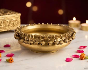 Brass Urli Bowl with Hanging Bells for Pooja &amp; Decor