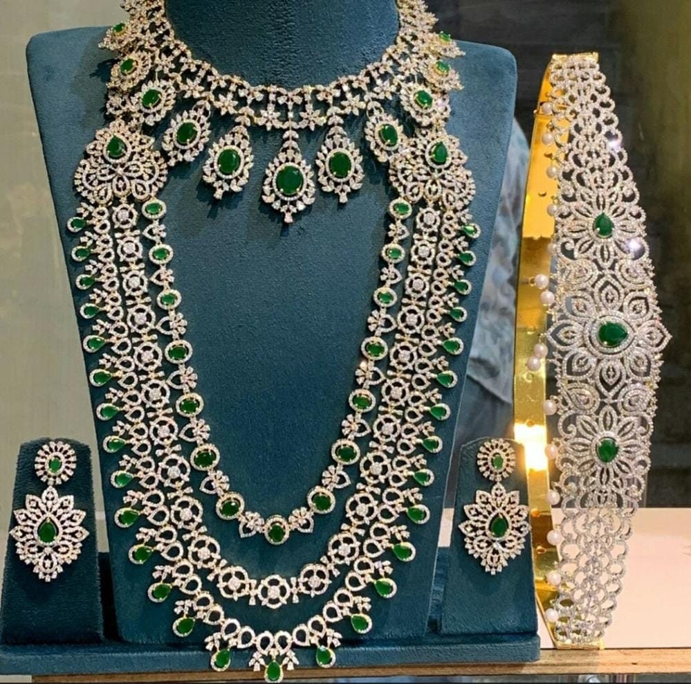 Wedding Jewelry Set / Elegant American Diamond Necklace Set/ Reception Jewelry/ Bollywood Jewelry/Bridal necklace/Silver green
