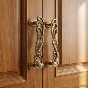 Peacock Design Brass Door Handle Pair, 7 Inches