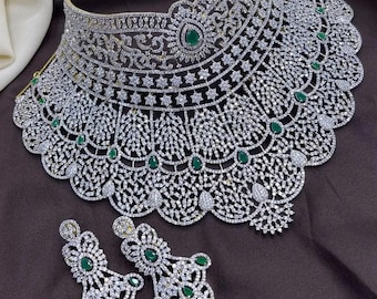 Bridal Choker Necklace Set, Ruby & American Diamond CZ Jewelry