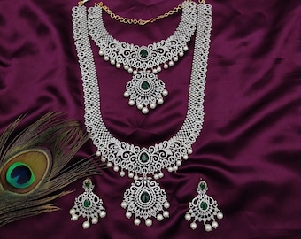 Emerald AAA American Diamond Bridal Necklace Set, Indian Wedding Jewelry
