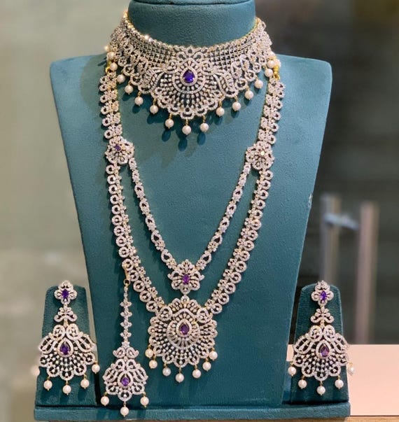 American Diamond Bridal Necklace Set Ruby Stone Teardrop Pendant