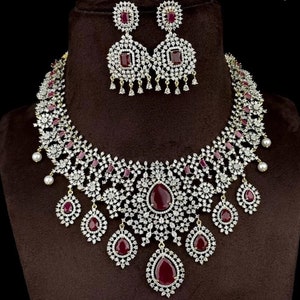 American DIAMOND Choker NECKLACE Set With Earring Combo, Cz Stone Made Designer, Indian Bridal Necklace, Dangle Earring Fashion Jewellery.