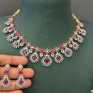 Exquisite Ruby & CZ Studded Necklace Set – Elegant Bridal  Party Wear Jewelry