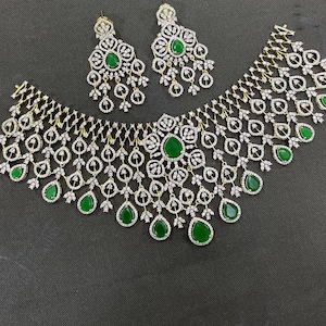Luxury Gold plated American Diamond Wedding choker set | CZ AD necklace set rose gold Polish | Tear-drop indian wedding bridal jewelry sets