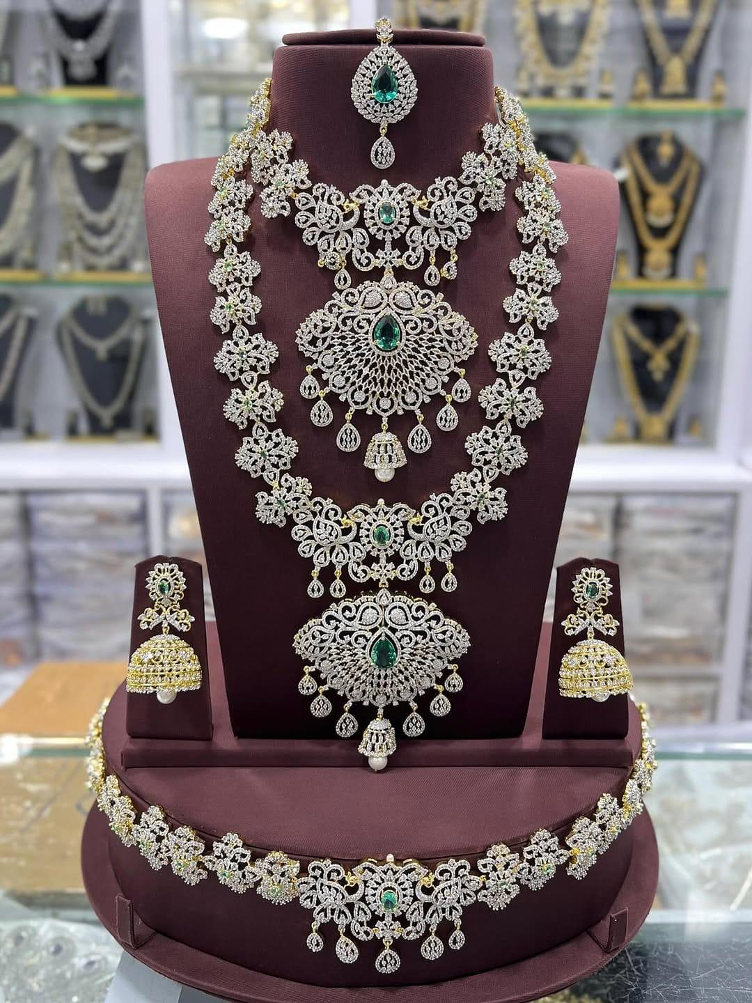Emerald Green Indian Bridal Jewelry Set | American Diamond