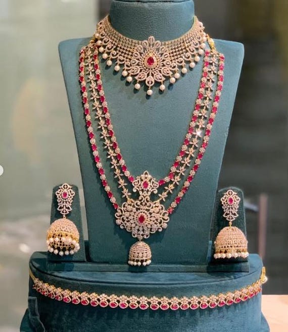 American Indian Jewelry II & III セット American Diamond Indian Bridal Jewelry Set | Emerald Green