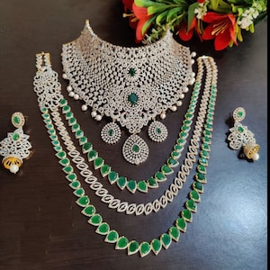 Emerald 5 layer CZ Long Necklace | Indian heavy bridal Jewelry | Pakistani Jewelry | Long Necklace | AD Diamond Necklace | Statement Jewelry