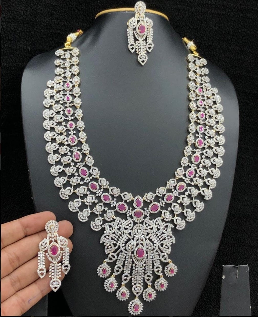 Sparkling American Diamond Triplelayer Necklace/statement Multistrand