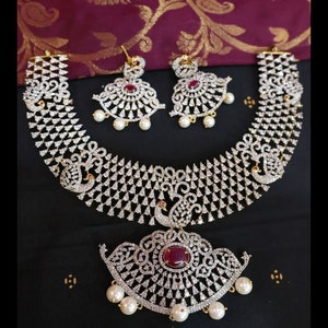 Silver & Gold Finish Peacock Diamond Necklace/ Indian Jewelry/ Pakistani Jewelry/ South Indian Wedding/Ruby CZ Necklace.