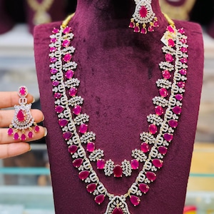 Bridal Jewelry Set, CZ Wedding Necklace Set, bridal jewelry, zircon jewelry, Ruby Studded American Diamond Necklace, Indian emerald Necklace