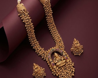 Temple Lakshmi Long Haram Necklace Set with Earrings