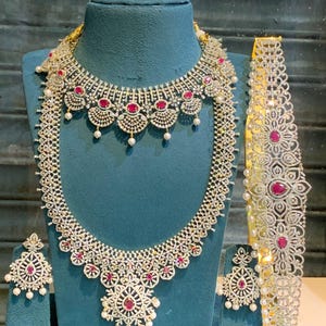 Silver & Gold Finish Peacock Diamond Necklace/ Indian Jewelry/ Pakistani Jewelry/ South Indian Wedding/Ruby CZ Necklace.