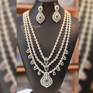 American Diamond Finish Long Necklace Set, Multi layer Necklace set, Elegant Jewelry, Unique Jewelry, Indian, Pakistani jewelry Necklace