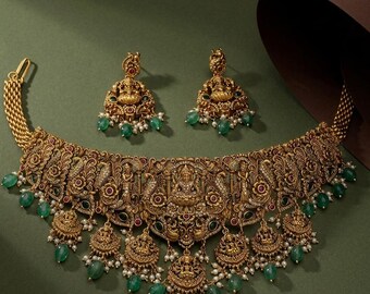 Antique Gold Temple Choker Set with Earrings – South Indi...