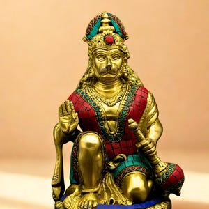 Brass Lord Hanuman Idol – Kneeling Hanuman Statue with Stone Work – Hindu God of Strength & Devotion – Home Temple Decor – Spiritual Gift