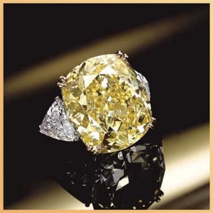 5.Ct Fancy Yellow Cushion Diamond Ring, Three Stone Canary Cushion Diamond Engagement Ring, Big Diamond Wedding Ring, For Her