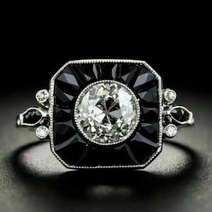 Black Diamond Onyx Ring, Vintage Engagement Ring, Bezel Set Wedding Ring, Retro Old European Cut Diamond, Woman's Ring