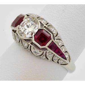 2.10Ct Antique Ruby Engagement Ring, Estate Ruby Ring, Ruby Art-Deco Ring, Three-Stone Rings In 925 Silver Ring