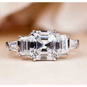 Five Stone White Asscher Baguette Diamond Wedding Ring, Double Claw Prong Set Ring, Asccher Diamond Best Engagement Ring, Ring For Her