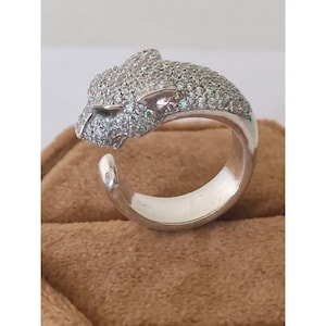 Diamond Panther Ring, Green Eye Panther Ring, Jaguar Ring, Silver Animal Face Ring, Stylish Ring Leopard Rings