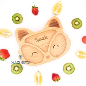 Personalised Baby Plate Fox Organic Bamboo With Suction Cup | Personalised Gifts Weaning Feeding | Girl Boy Baby Shower Toddler Plate
